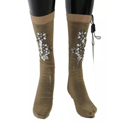 Dolce & Gabbana Gold Stretch Floral Clear Crystal Stocking Socks