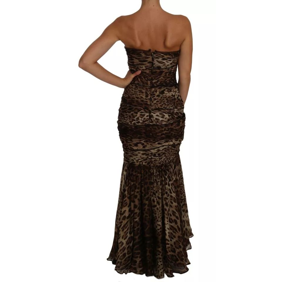 Dolce & Gabbana Brown Leopard Silk Chiffon Ruched Mermaid Maxi Dress