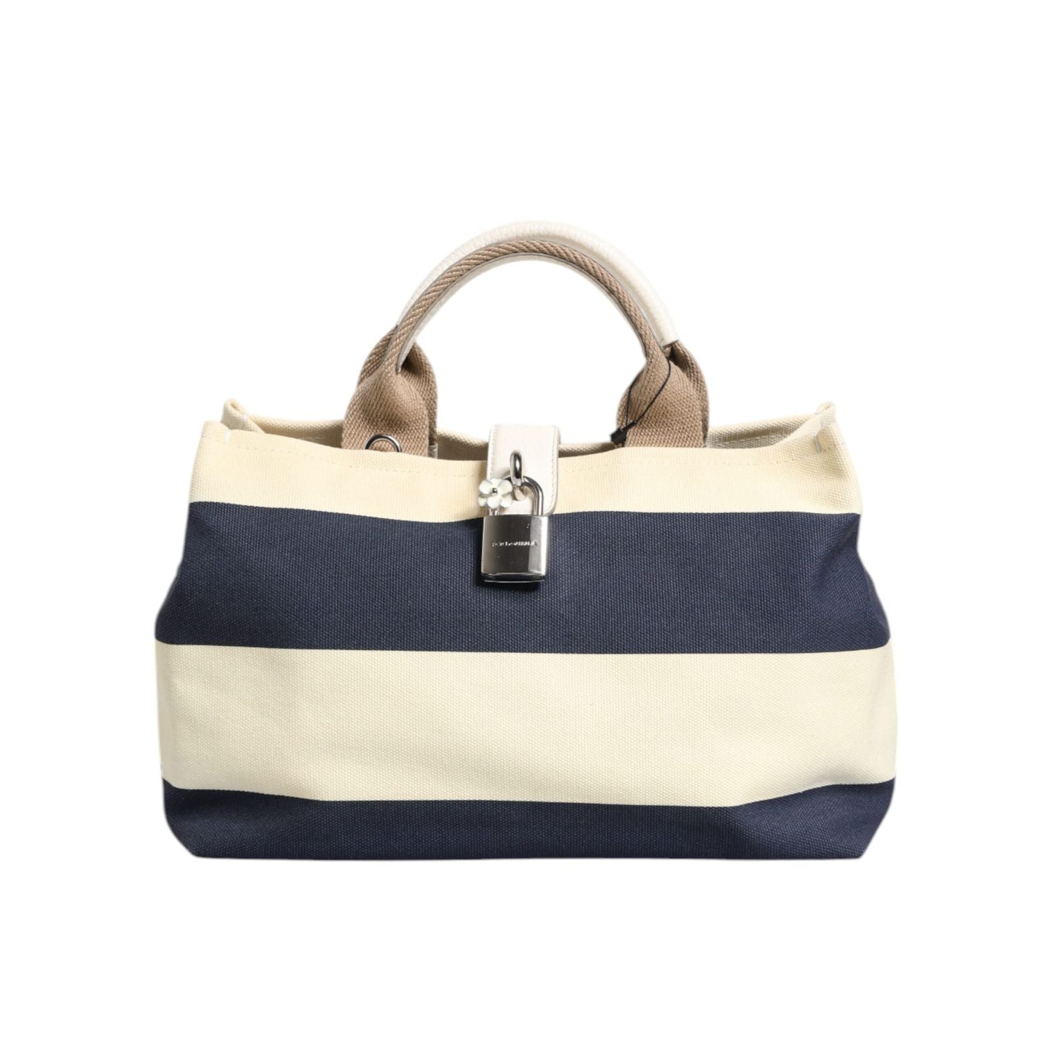 Dolce & Gabbana White Navy Striped Canvas Top Handle Tote Bag