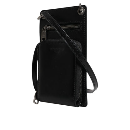 Dolce & Gabbana Black Horse Leather Zip Logo Shoulder Neck Strap Wallet
