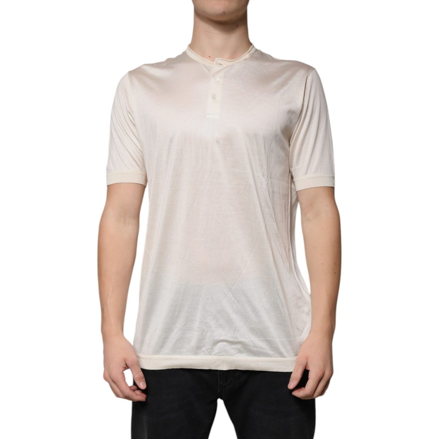 Dolce & Gabbana Off White Silk Crew Neck Henley T-shirt