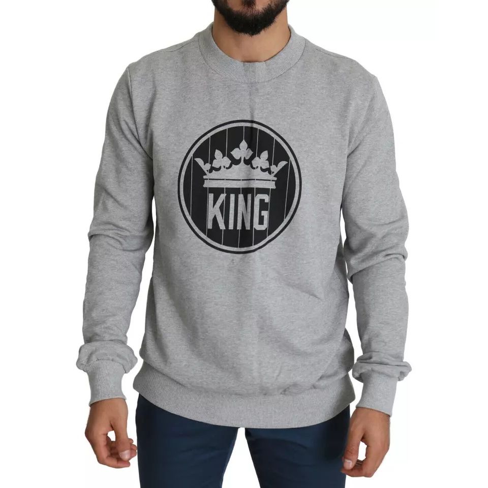 Dolce & Gabbana Gray Crown King Print Cotton Pullover Sweater