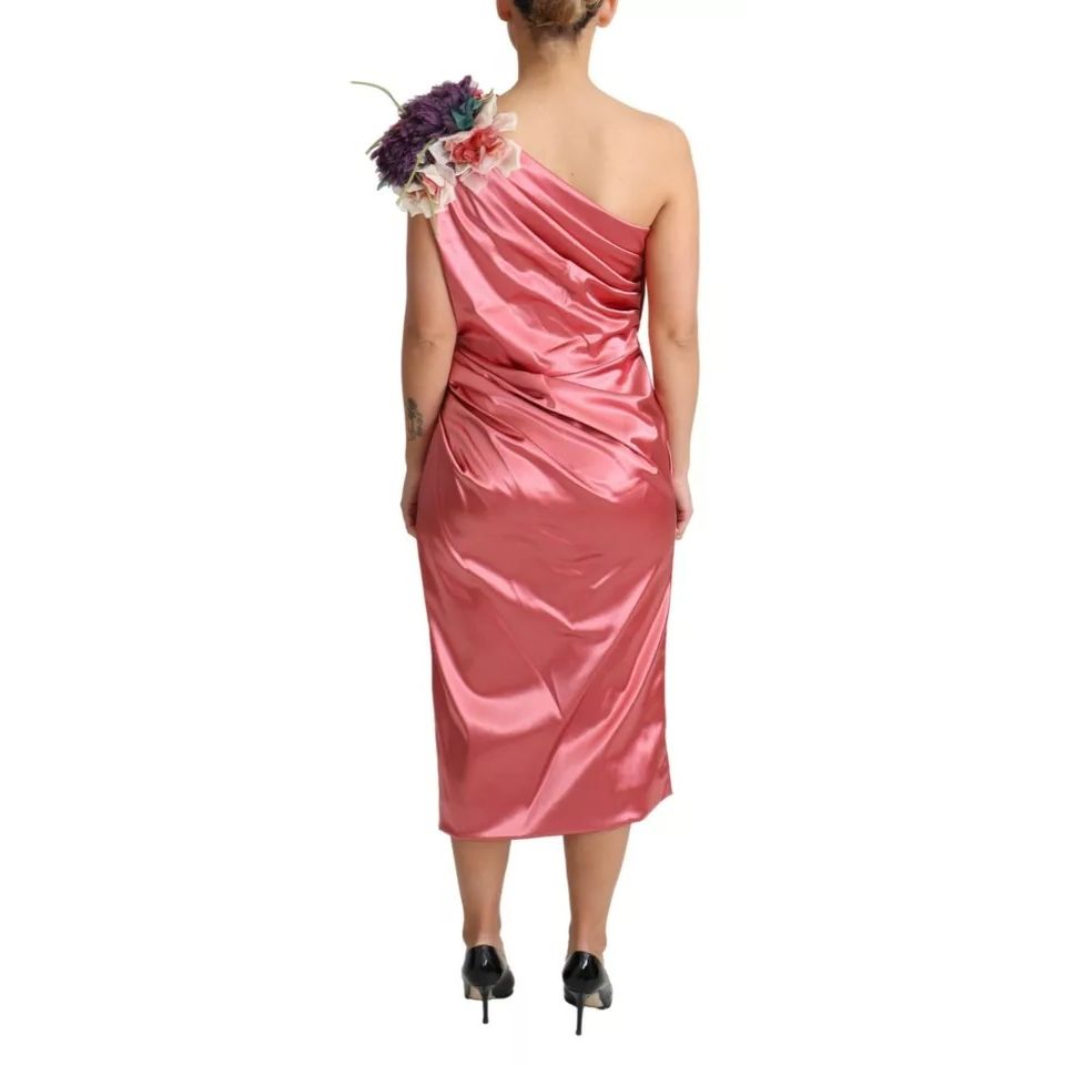 Dolce & Gabbana Pink Draped Midi Flower Applique Dress