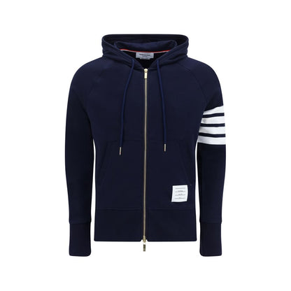 Thom Browne Blue Cotton Sweatshirt with white sleeve bands, front zipper, and logo patch detailing.