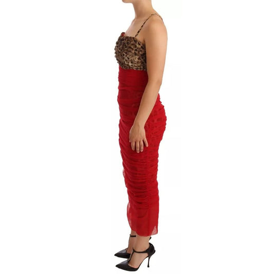Dolce & Gabbana Brown Leopard Red Tulle Sheath Midi Dress