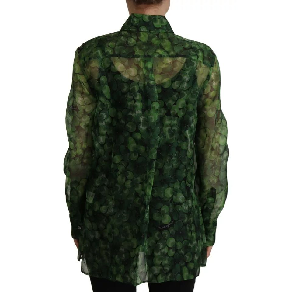 Dolce & Gabbana Green Clover Print Long Sleeves Collared Top Blouse
