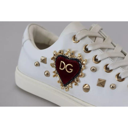Dolce & Gabbana White Leather Gold Red Heart Sneakers Shoes