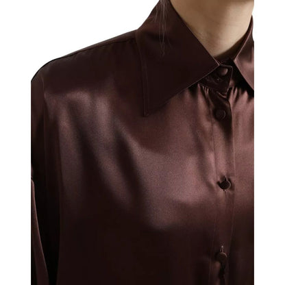 Dolce & Gabbana Brown Silk Collared Long Sleeves Top Blouse