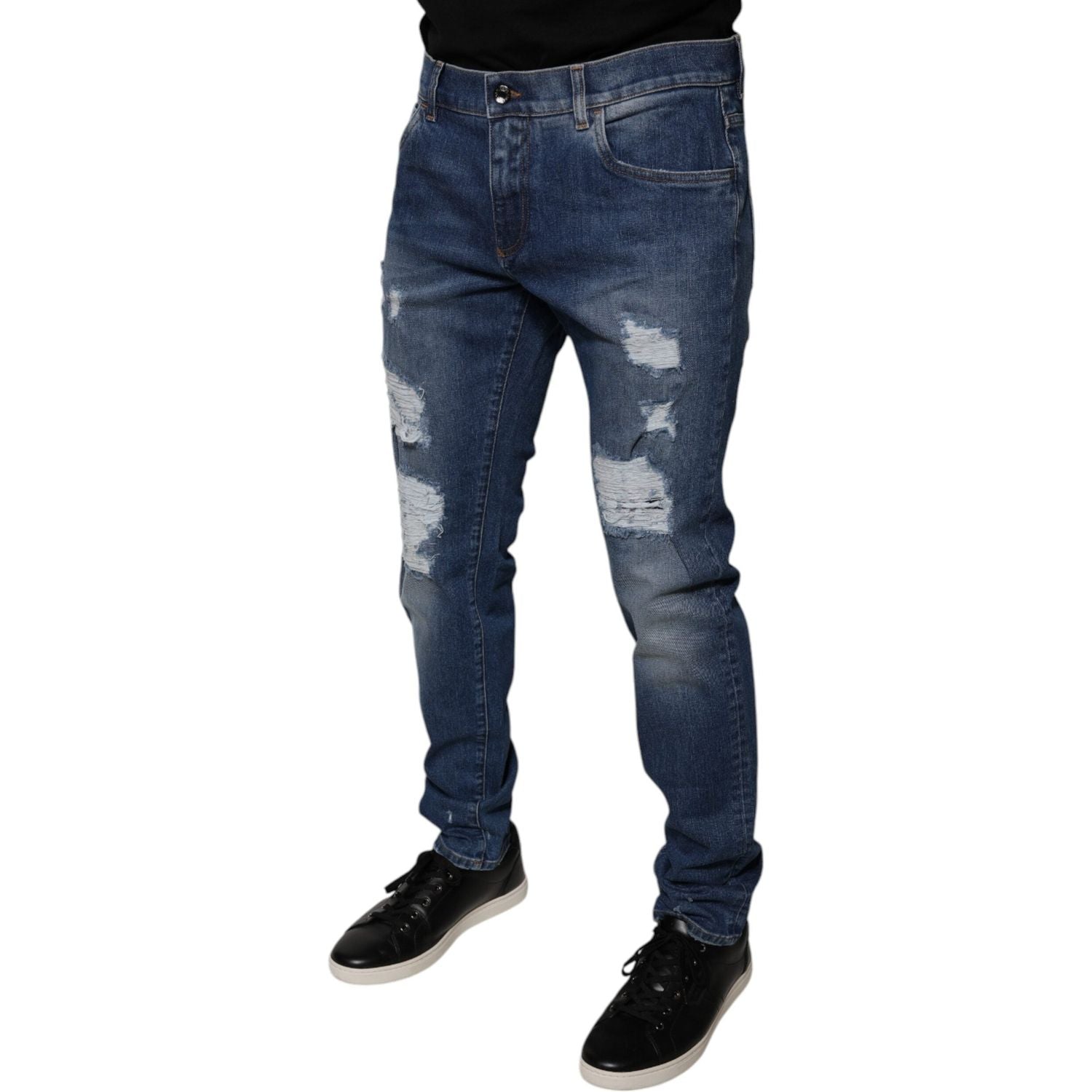 Dolce & Gabbana Blue Cotton Tattered Skinny Denim Jeans