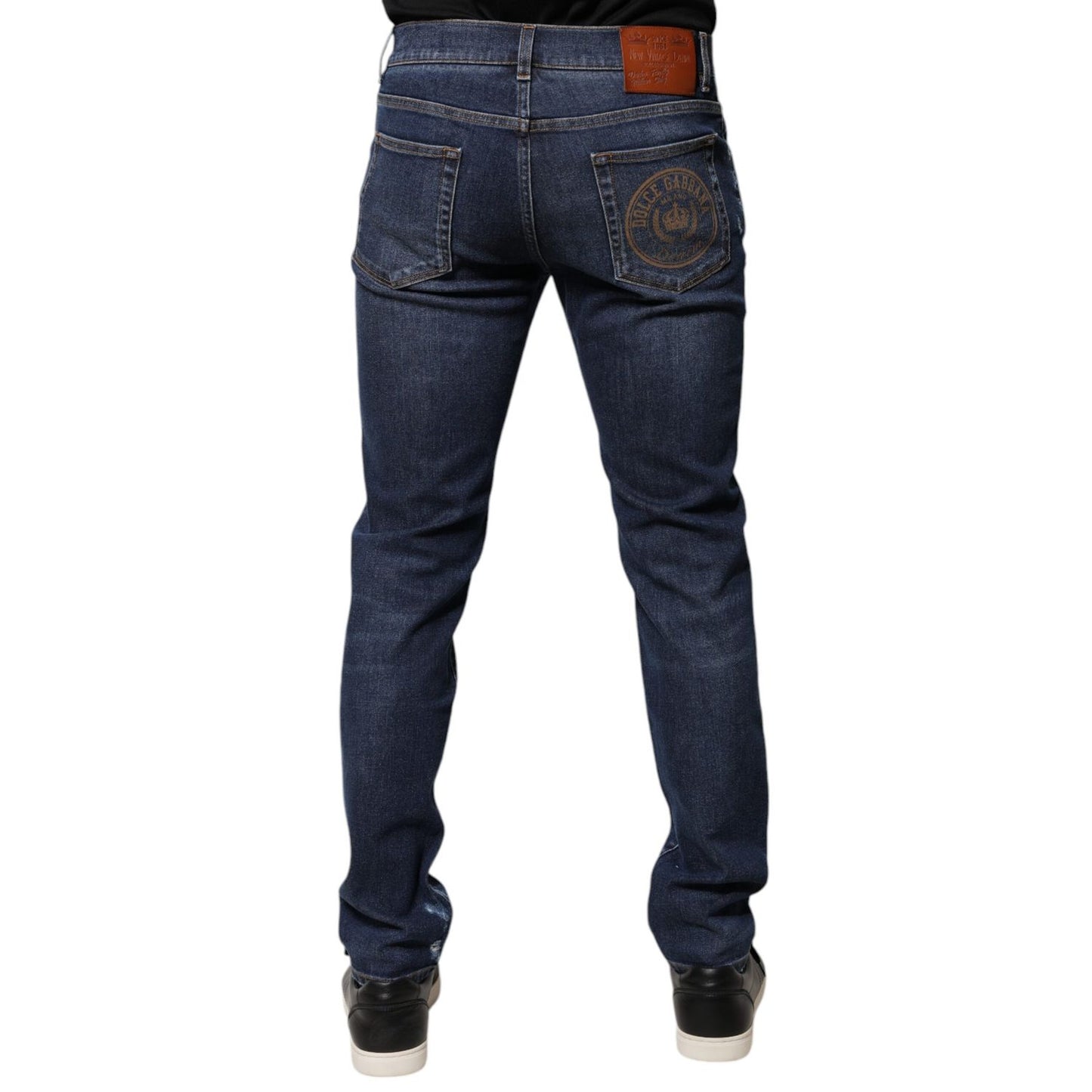 Dolce & Gabbana Blue Cotton Logo Print Slim Fit Denim Jeans