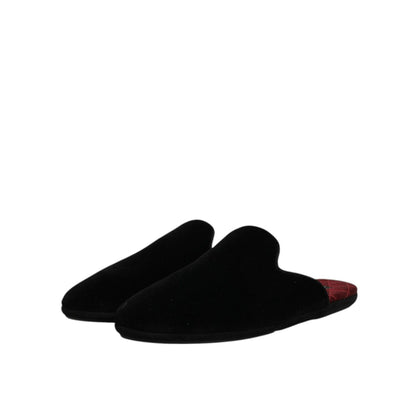 Dolce & Gabbana Black Viscose Velvet Slides Flat Slipper Shoes