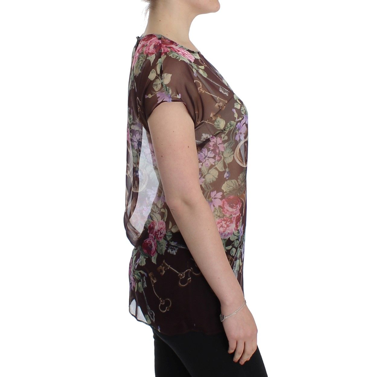 Dolce & Gabbana Black Key Floral Print Silk Blouse T-shirt
