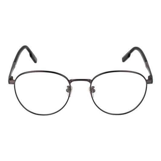 Ermenegildo Zegna Gray Men Glasses Frame, full-rim titanium in gunmetal, round style, 52-19-145 dimensions, includes branded case.