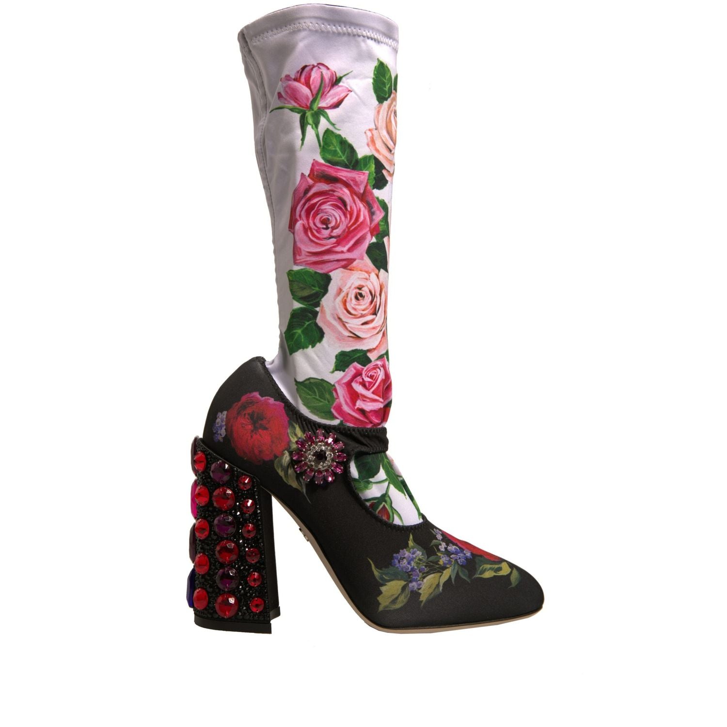 Dolce & Gabbana Black Floral Socks Crystal Boots Jersey Shoes