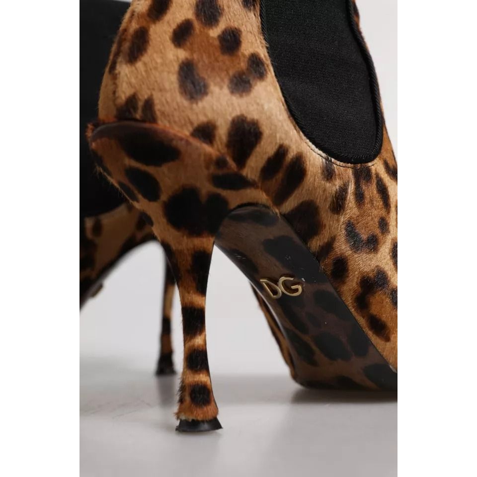 Dolce & Gabbana Brown Leopard Leather Stretch Heels Boots Shoes