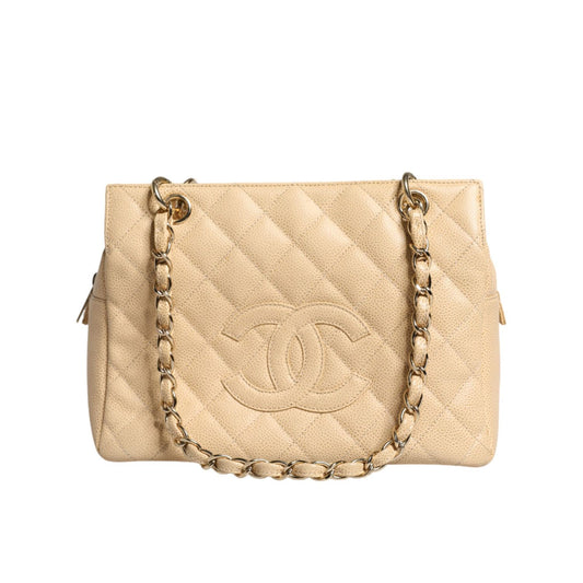 Chanel Beige Caviar De Coco Chain Leather Purse Bag