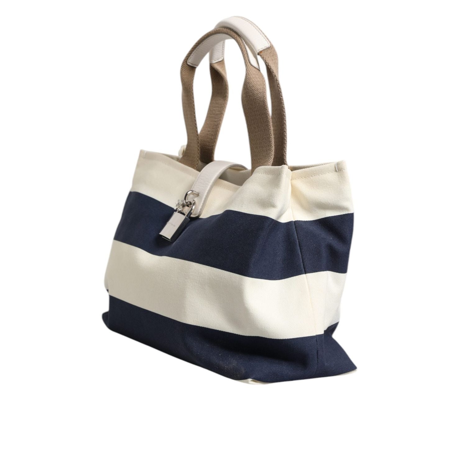 Dolce & Gabbana White Navy Striped Canvas Top Handle Tote Tote Bag