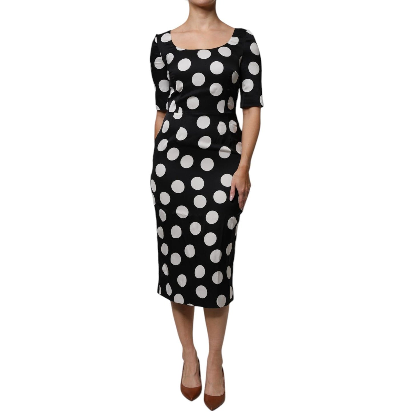 Dolce & Gabbana Black White Silk Polka Dots Sheath Midi Dress