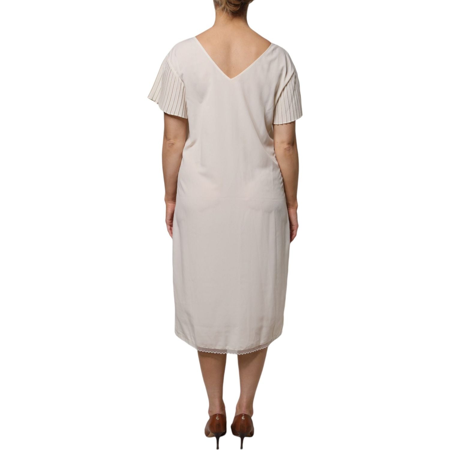 Peserico Off White Short Sleeves V-neck Shift Midi Dress
