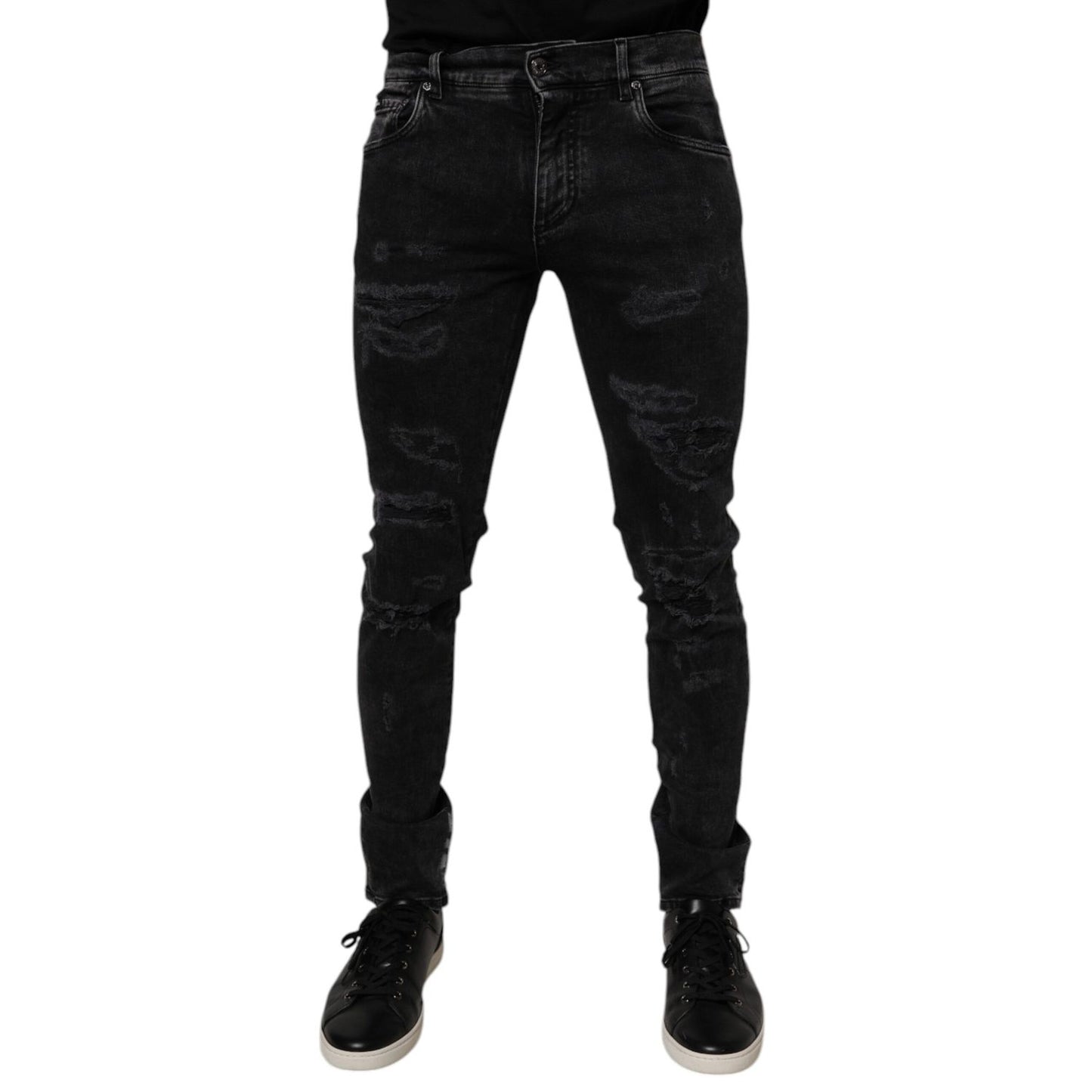 Dolce & Gabbana Black Tattered Cotton Skinny Men Denim Jeans