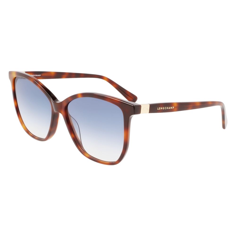 Longchamp Brown Acetate Sunglasses with blue lenses, model LO708S-230, featuring a classic women’s design in brown acetate.