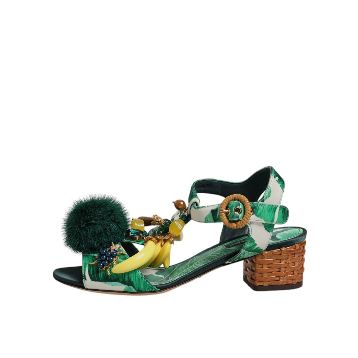 Dolce & Gabbana Green Crystal Fur Embellished Sandals Shoes