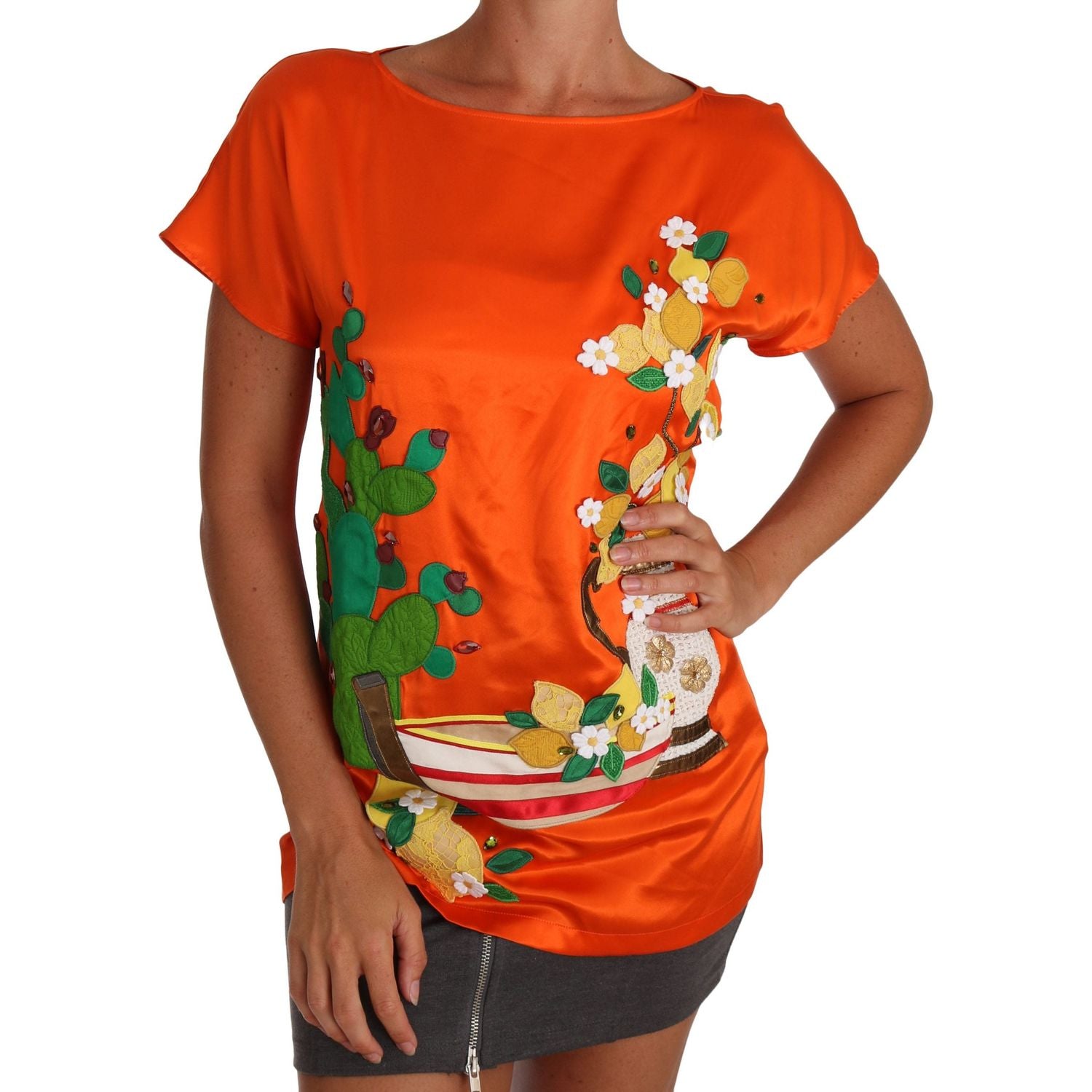 Dolce & Gabbana Silk Orange Lemon Crystal T-shirt Top