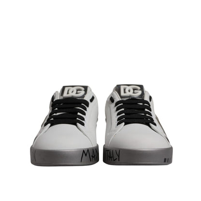 Dolce & Gabbana White Silver Crystal Logo Portofino Sneakers Shoes