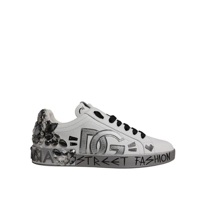 Dolce & Gabbana White Silver Crystal Logo Portofino Sneakers Shoes