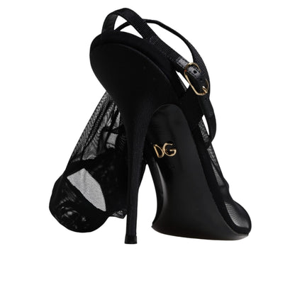 Dolce & Gabbana Black Tulle Stretch Heels Sandals Shoes