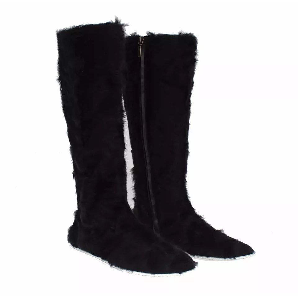 Dolce & Gabbana Black Xiangao Lamb Fur Leather Boots Shoes