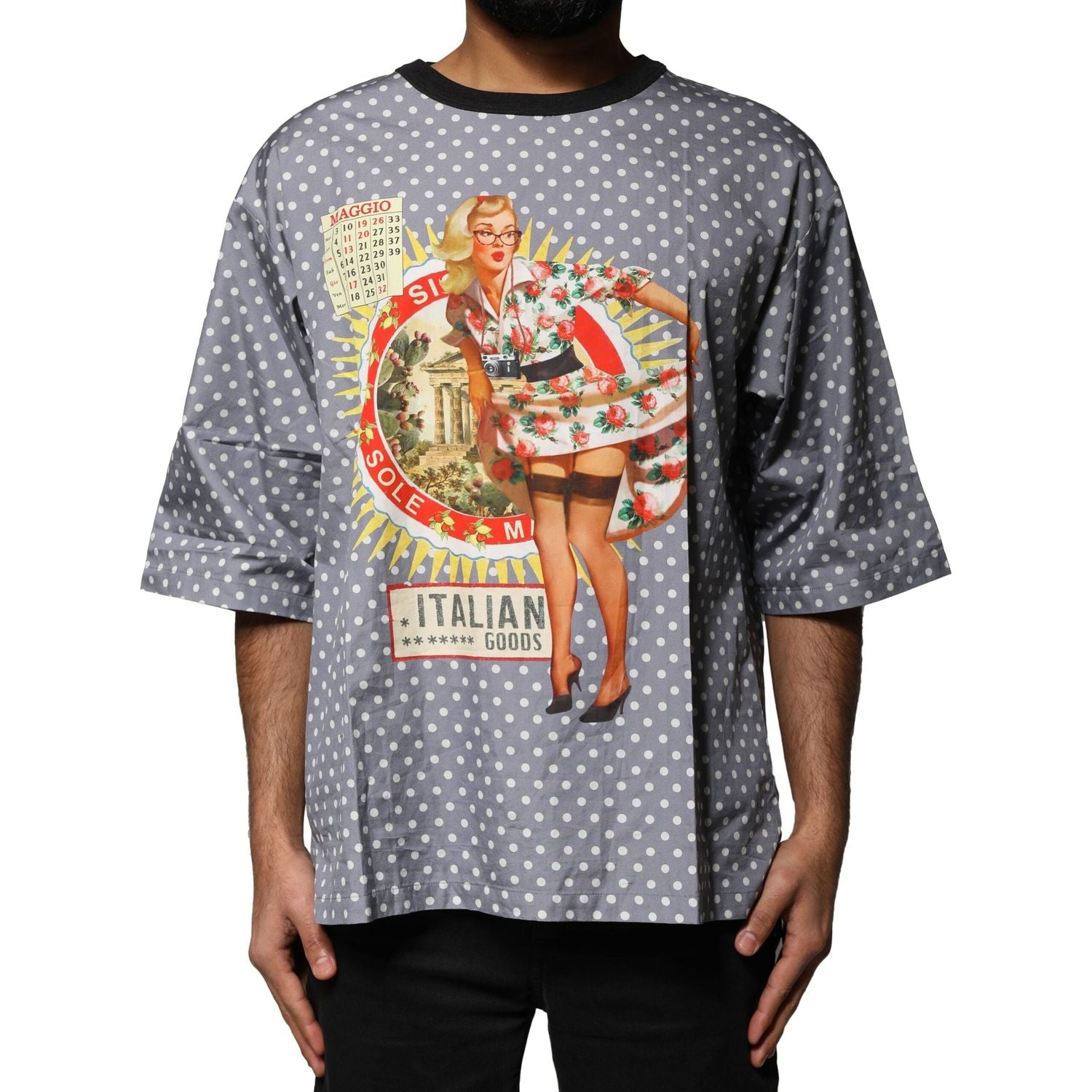 Dolce & Gabbana Gray Polka Dot Pin-Up Print Crew Neck T-shirt