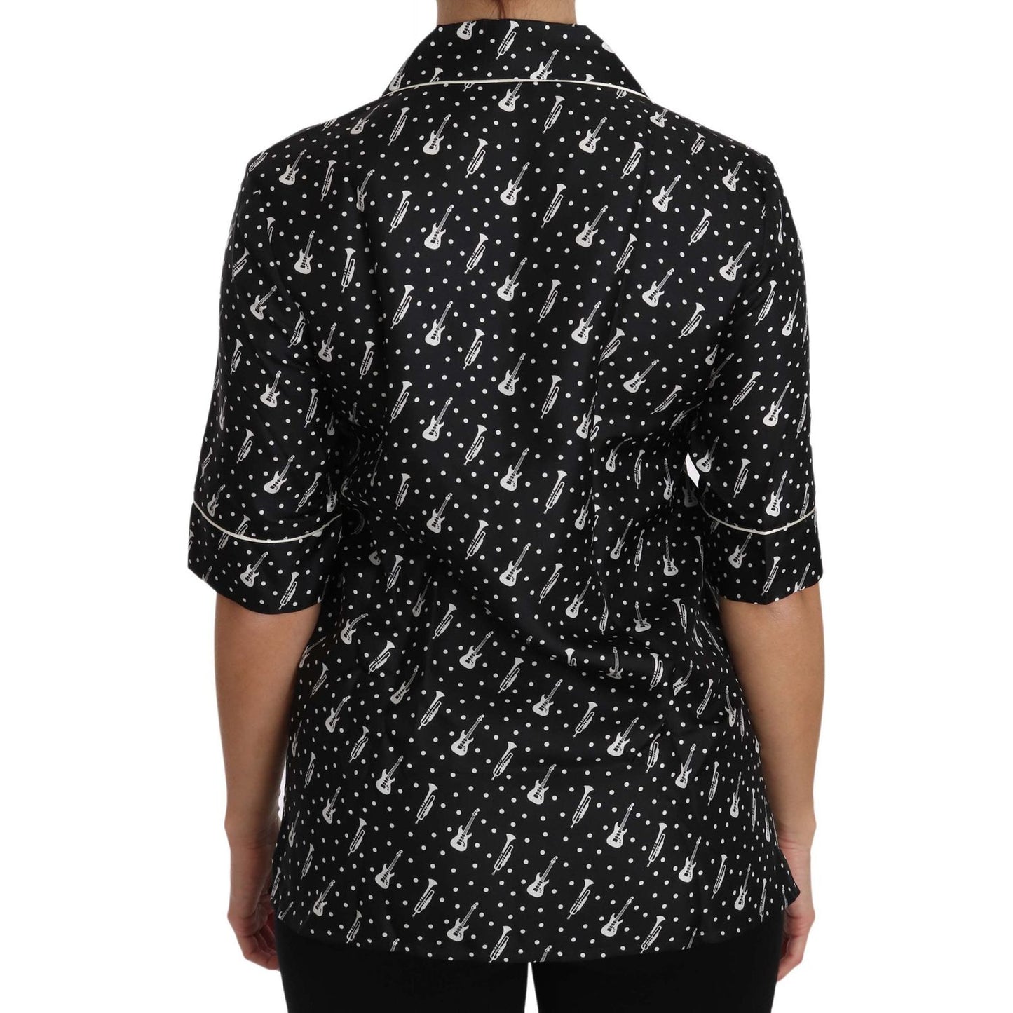 Dolce & Gabbana Black GuitarTrumpet Print Silk Shirt Top