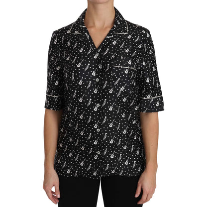 Dolce & Gabbana Black GuitarTrumpet Print Silk Shirt Top