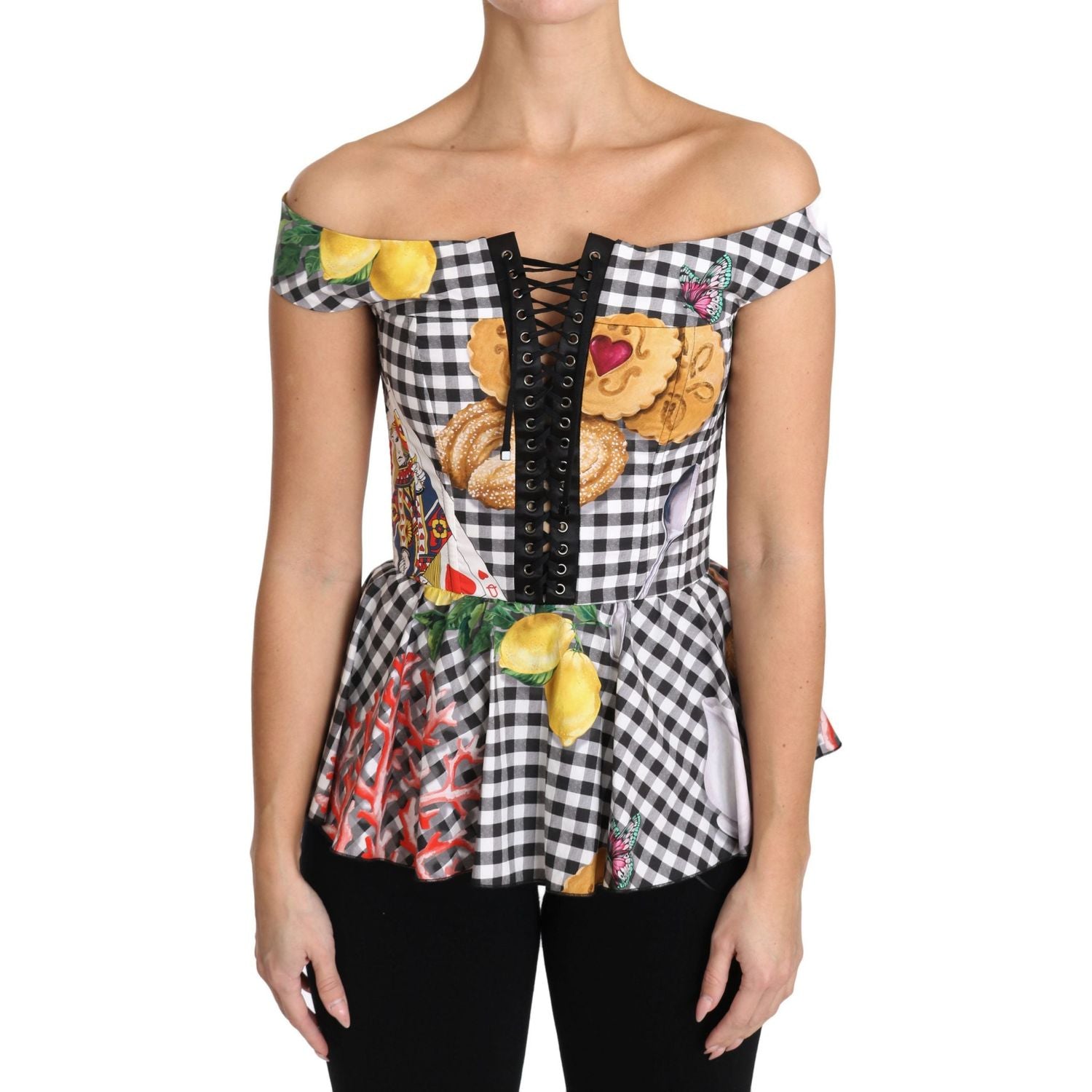 Dolce & Gabbana Black and White Corset Blouse Sicily Lemon Check Top