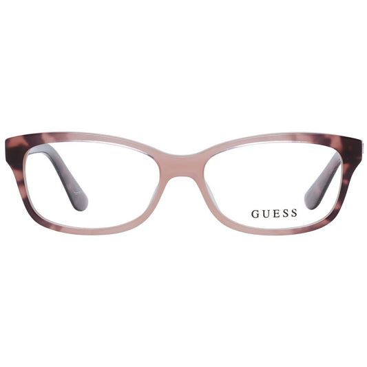 Guess Pink Women Glasses Frame with rose plastic full-rim, rectangle style, and branded case included.