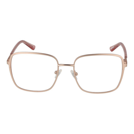 Guess Rose Gold Women Glasses Frame with square full-rim metal design and demo lenses, suitable for women. Comes with branded case.