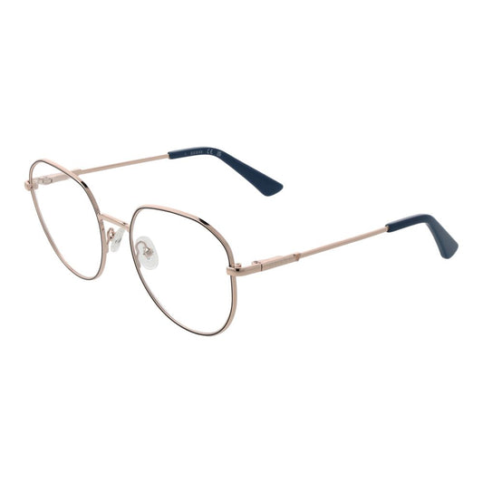 Guess Rose Gold Women Glasses Frame with metal full-rim style, round lenses, and spring hinge. Includes branded case. Lens width 53mm.