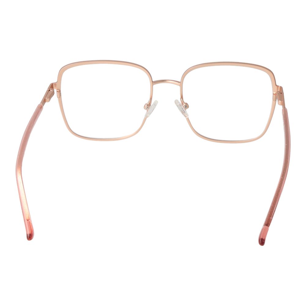 Guess Rose Gold Women Glasses Frame, square metal full-rim style with demo lenses, spring hinge, 135mm temples, and 18mm bridge.
