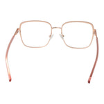 Guess Rose Gold Women Glasses Frame, square metal full-rim style with demo lenses, spring hinge, 135mm temples, and 18mm bridge.
