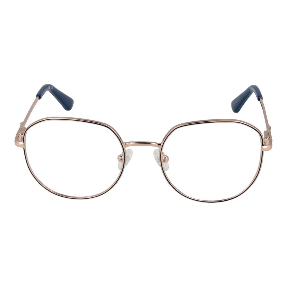 Guess Rose Gold Women Glasses Frame, round full-rim metal design, spring hinge, demo lenses, stylish eyewear, includes branded case.