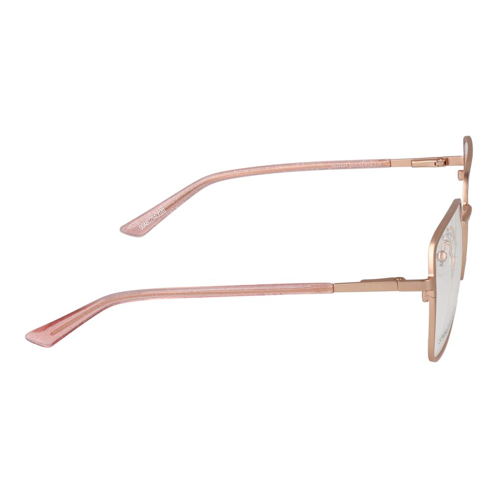Side view of Guess Rose Gold Women Glasses Frame with full-rim rose gold metal frame and demo lenses, showcasing the spring hinge and square style.