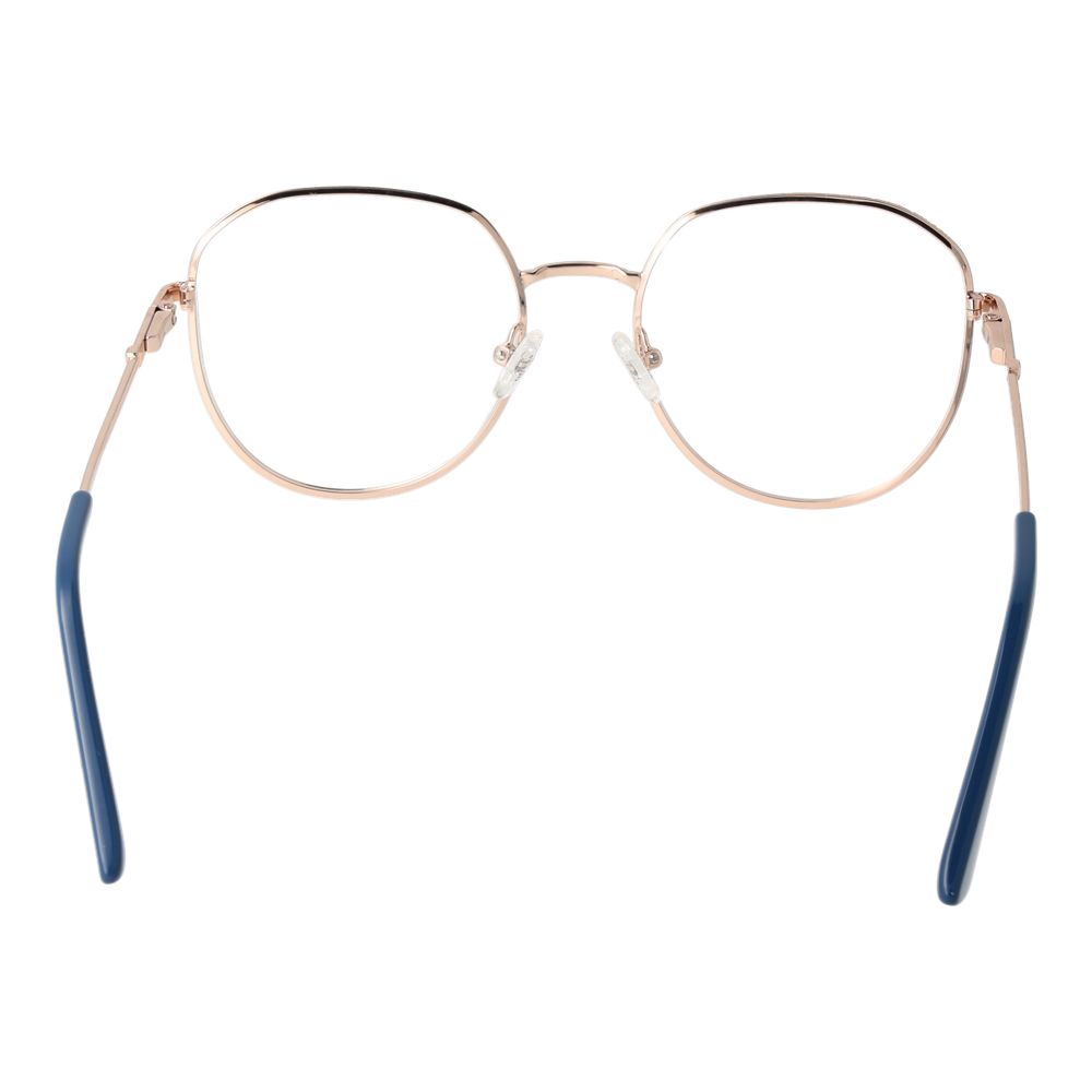 Guess Rose Gold Women Glasses Frame with full-rim round style, metal construction, and demo plastic lenses, featuring spring hinges.