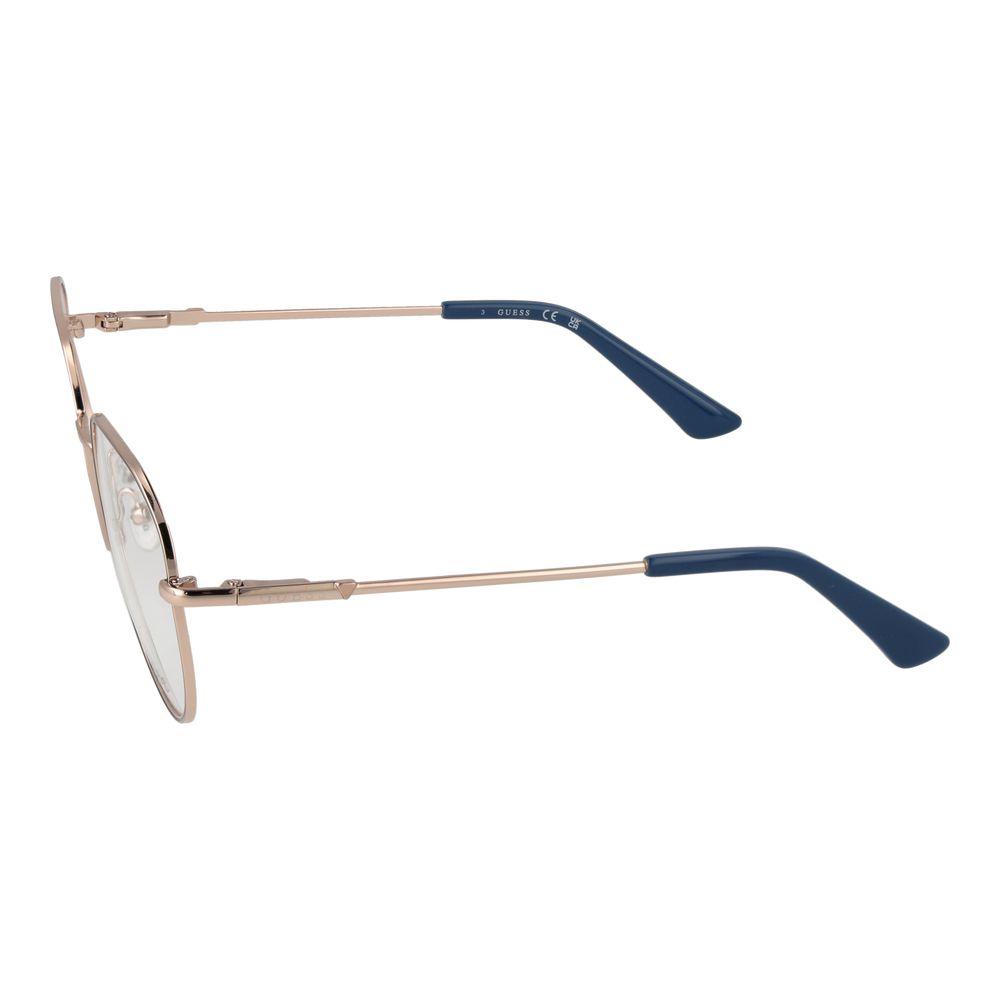 Side view of Guess Rose Gold Women Glasses Frame with rose gold metal and blue temples, featuring a full-rim, round style.