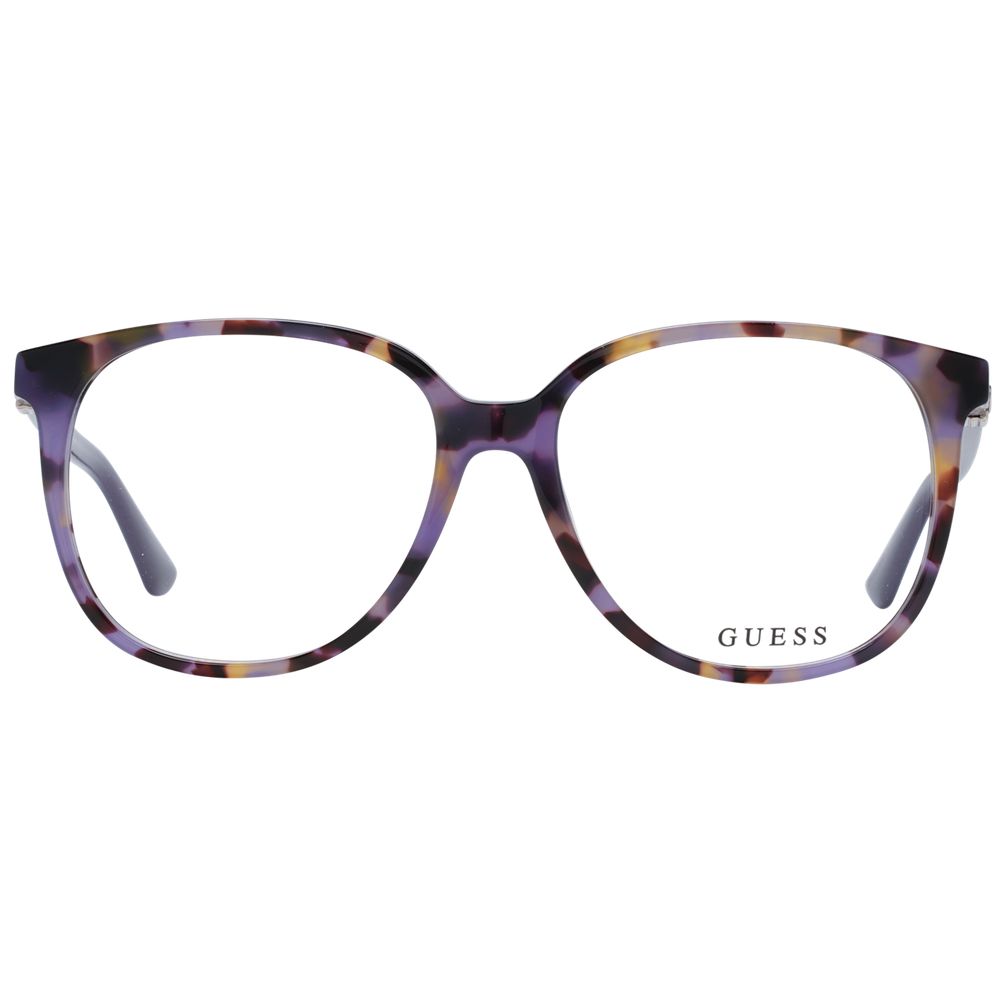 Guess Purple Women Glasses Frame with full-rim butterfly style, plastic material, and spring hinge, includes branded case.