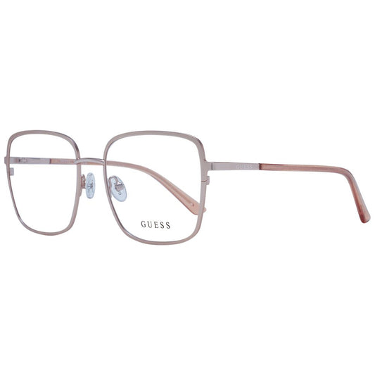 Guess Rose Gold Women Glasses Frame, square full-rim metal design with demo lenses, size 54-18-135, includes branded case, spring hinge.