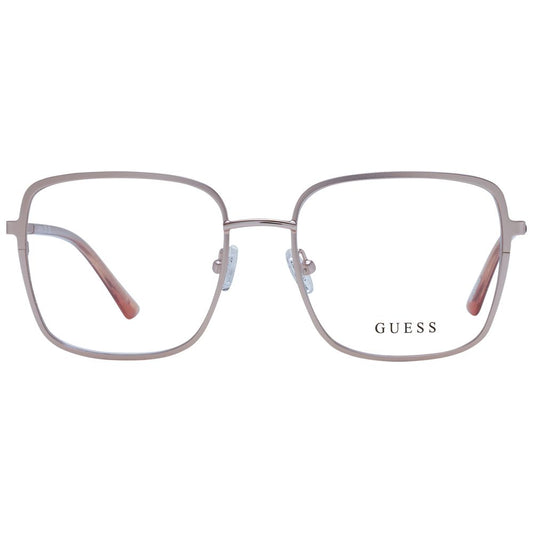 Guess Rose Gold Women Glasses Frame, square metal full-rim design with demo lenses, spring hinge, and included branded case