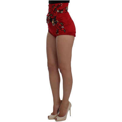 Dolce & Gabbana Red Silk Crystal Roses Shorts