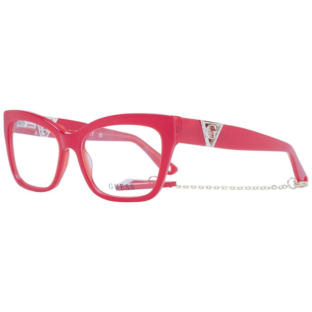 Guess Red Acetate Glasses (Frames) in cat-eye style with full-rim red frame and spring hinge, includes branded case. Perfect for stylish women.