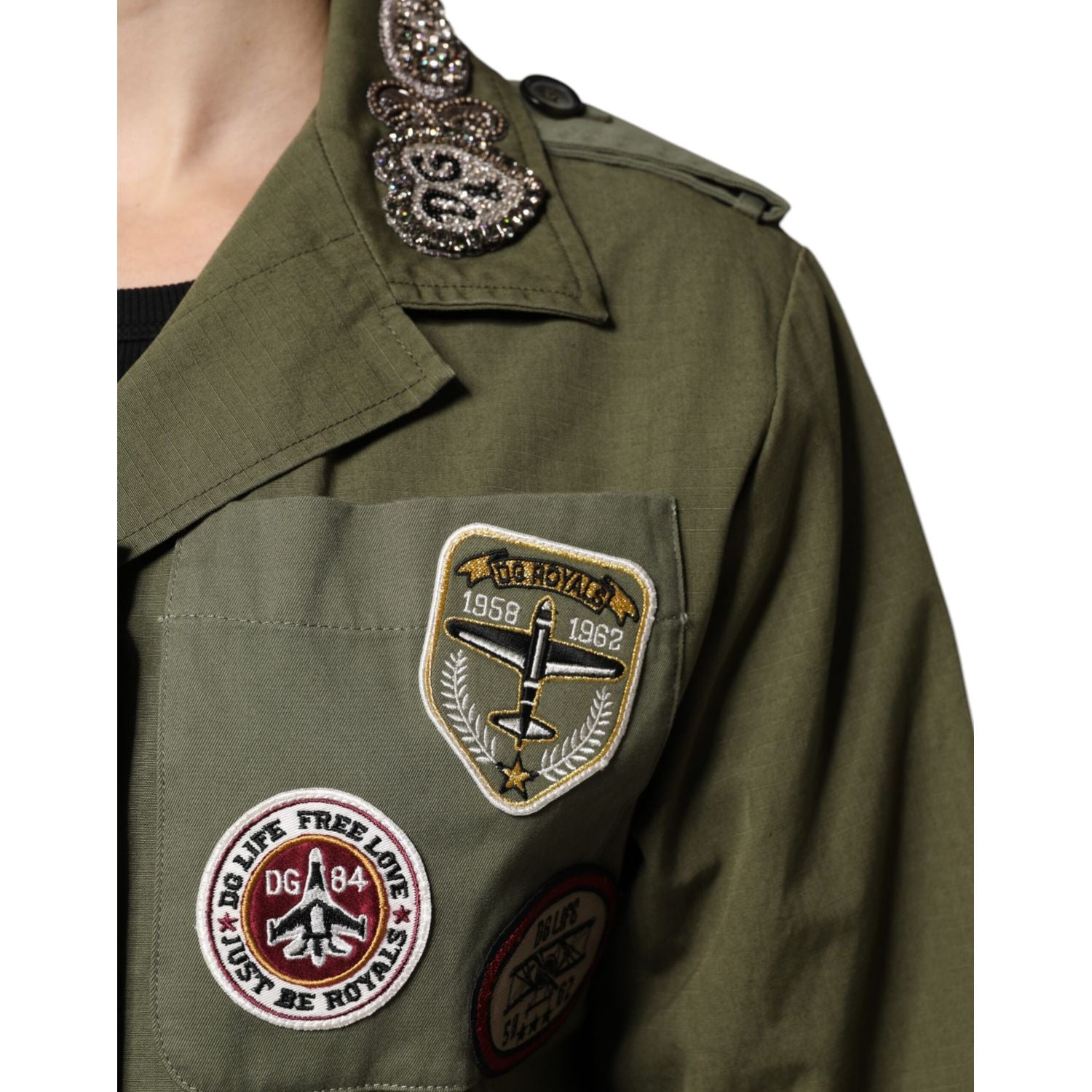 Dolce & Gabbana Military Green Queen Embellished Coat Jacket